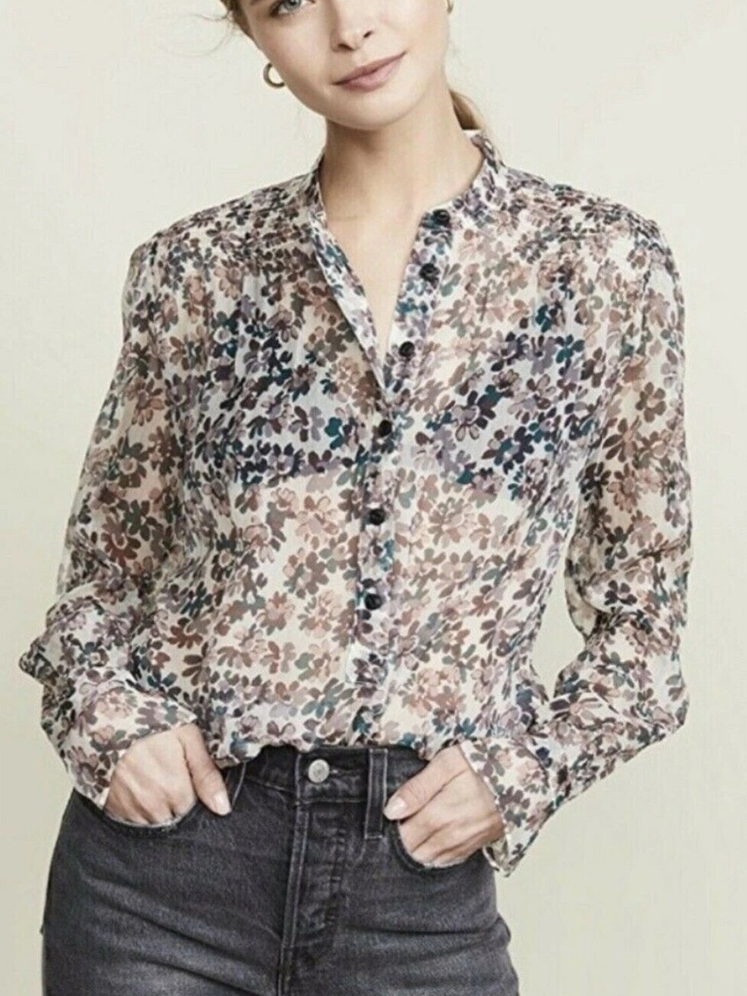 Rag & Bone Susan Sheer Silk Floral Blouse Button Front Multicolor Womens Medium